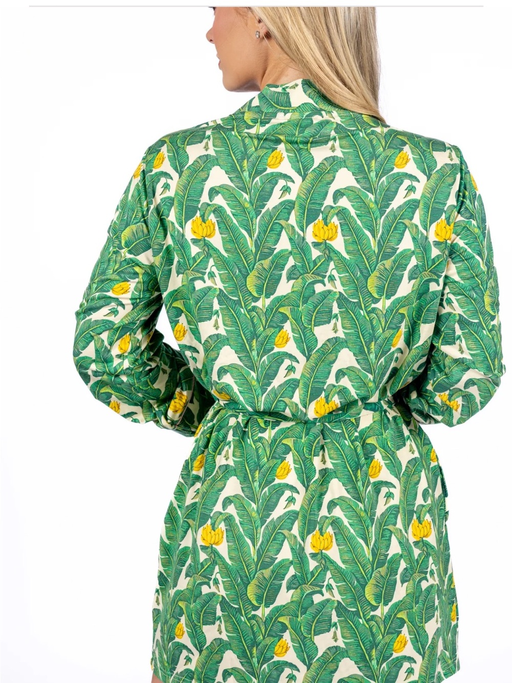 Green Floral Wrap Robe with Tropical Leaf Print - Picture 3 of 4
